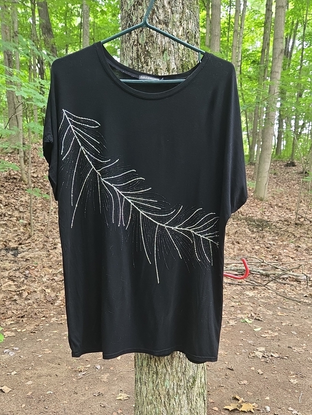 Embellished Black Short Sleeve Tee with Feather Crystal Detail